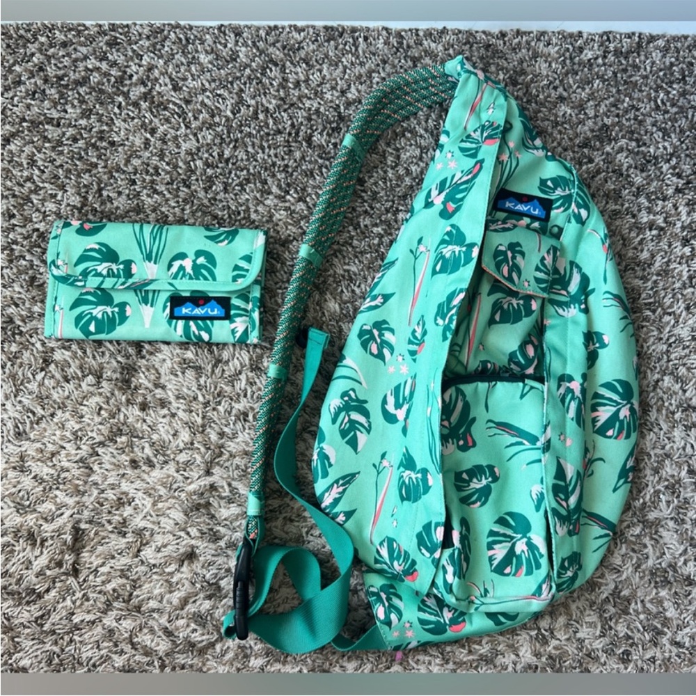 Kavu teal/orange/pink Monstera Garden Rope Sling bag and Mondo Spender wallet